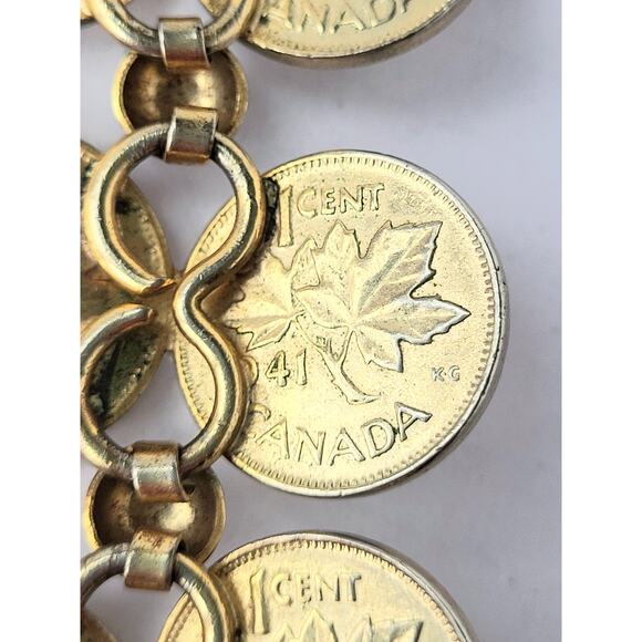 Canada Coin Charm Bracelet Vintage 1940s Gold Funky Chic - Picture 6 of 7